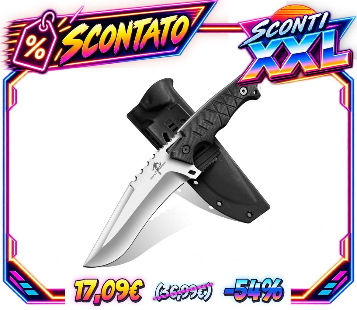 Purple Dragon Coltello Bushcraft D2 60HRC Full Tang Manico G10 Fodero Kydex