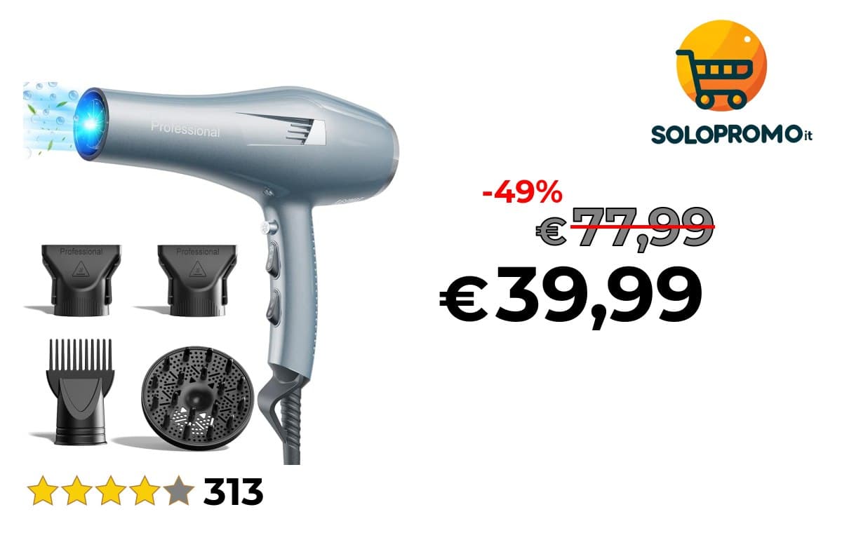 Asciugacapelli Professionale 2000W Ionico, 130M Ioni