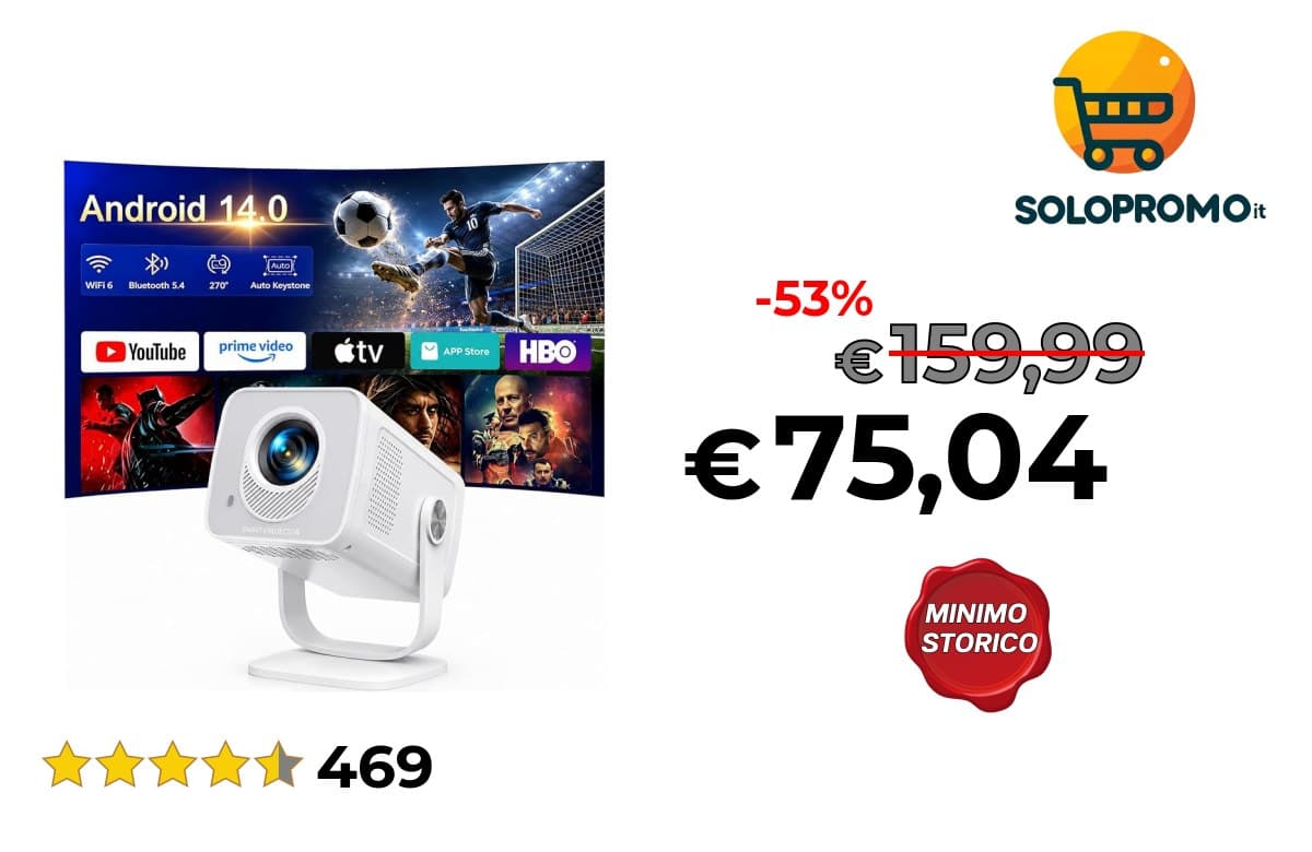 Proiettore Android 14  Ottica CortaProiettore Portatile Wi-Fi 6 Mini Projector