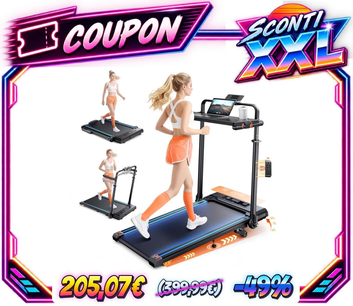Tapis Roulant Elettrico Piehevole, 6 IN 1 Tapis Roulant Salvaspazio 1-12km/h con Inclinazione 12%, 3,0 HP, Maniglia Tele