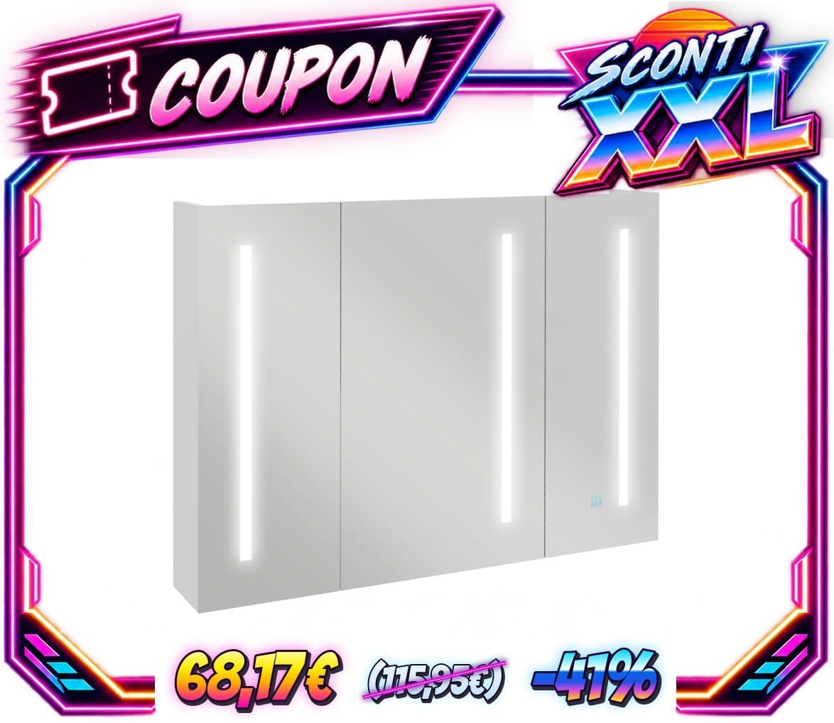 kleankin Armadietto con Specchio Luci LED a 3 Colori 90x15x70 cm Bianco