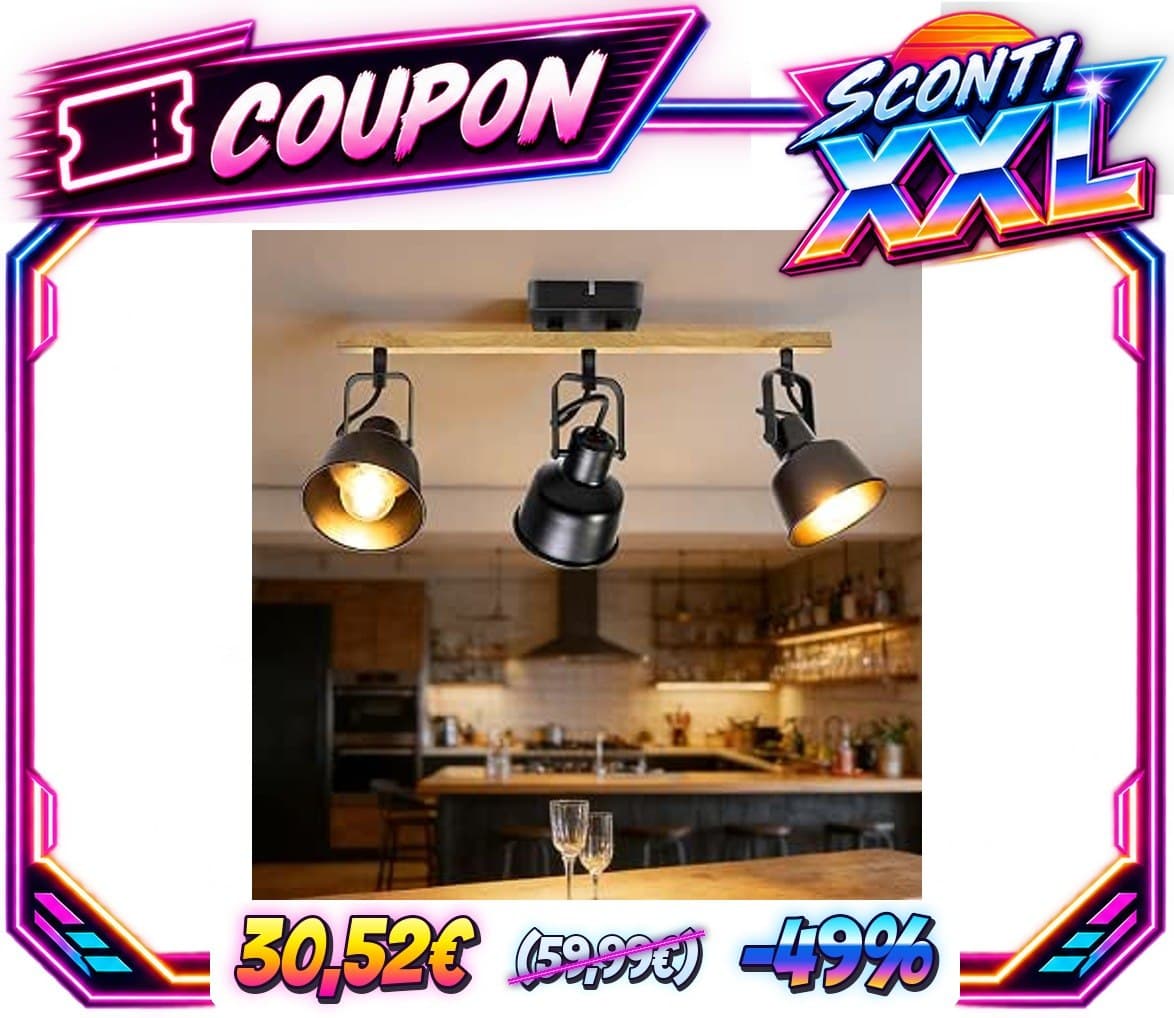 Faretto da soffitto a 3 luci, orientabile a 350, vintage, lampada da soffitto a LED, attacco E14, attacco industriale co