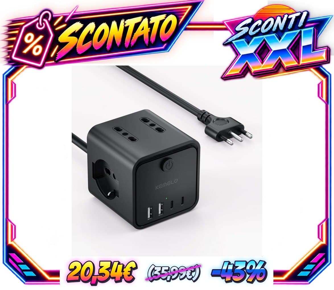 Ciabatta Elettrica Multipresa con 4 Prese Universali 10/16A ITA e Schuko, 2 M Prolunga Elettrica con 2 USB A+2 USB C,Pre