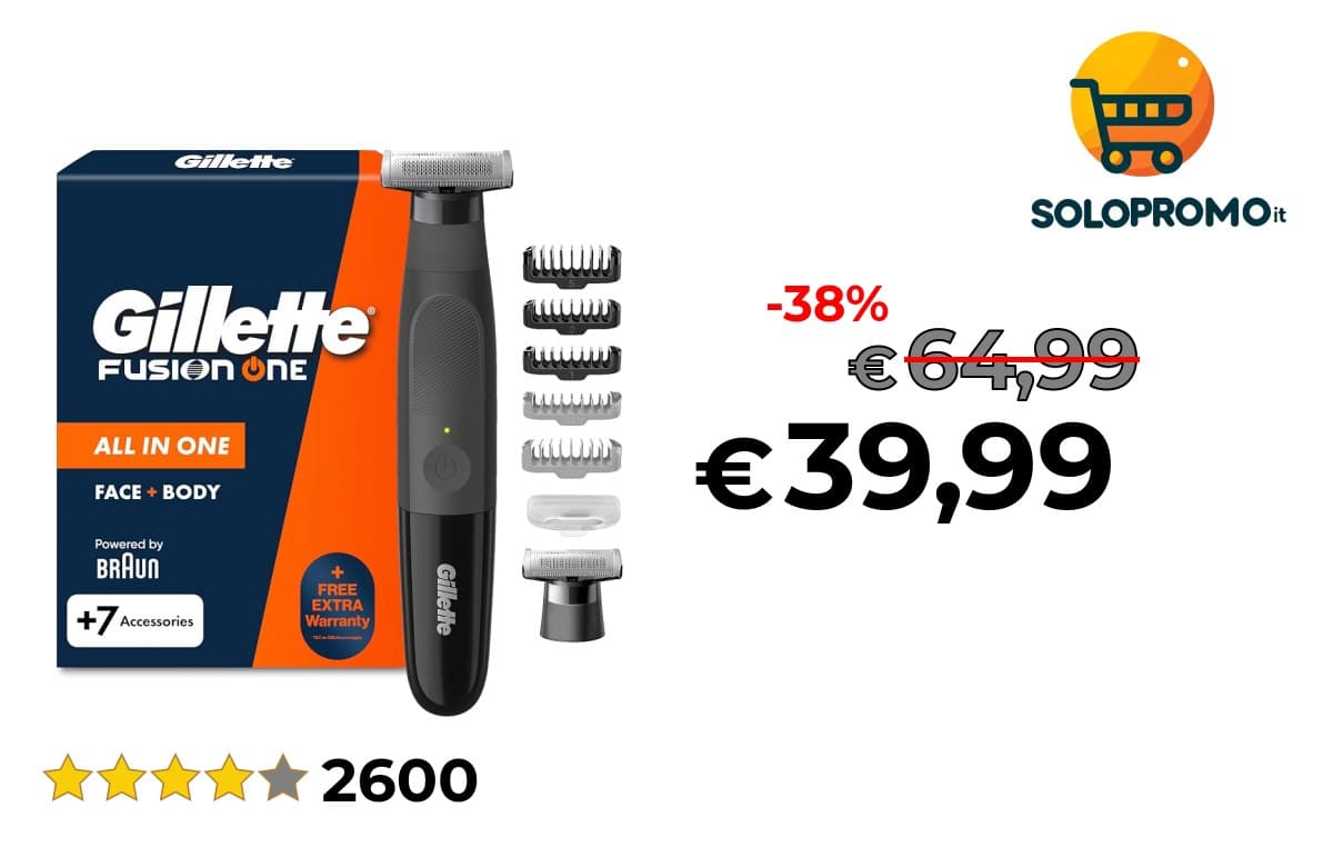 Gillette Fusion One Rasoio Elettrico Uomo Barba e Corpo, 7 Accessori