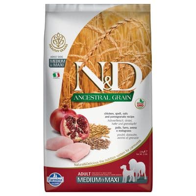 Multipack risparmio! 2 x 12 kg Farmina N&D Crocchette cane Ancestral Grain Adult Medium & Maxi Pollo e Melograno