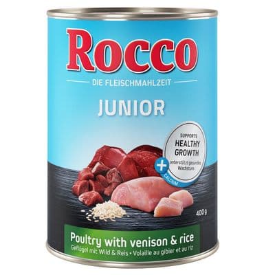 Rocco Junior 12 x 400 g umido per cane 2 gusti: Pollame con Cuori di Pollo + Pollame, Selvaggina e Riso