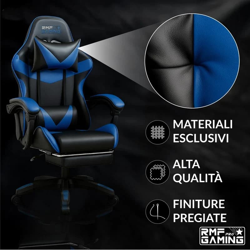 RMF Sedia Gaming Professionale Ergonomica Reclinabile, Poltrona Gaming Seduta Comoda e Rilassante con Poggiapiedi - Sedia per Gamer con Ruote Girevoli, Altezza Regolabile Blu/Nero