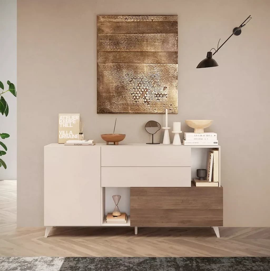 Madia con piedini, design moderno, finitura Mercure e Cashmere, ZLCMNCCM07MR