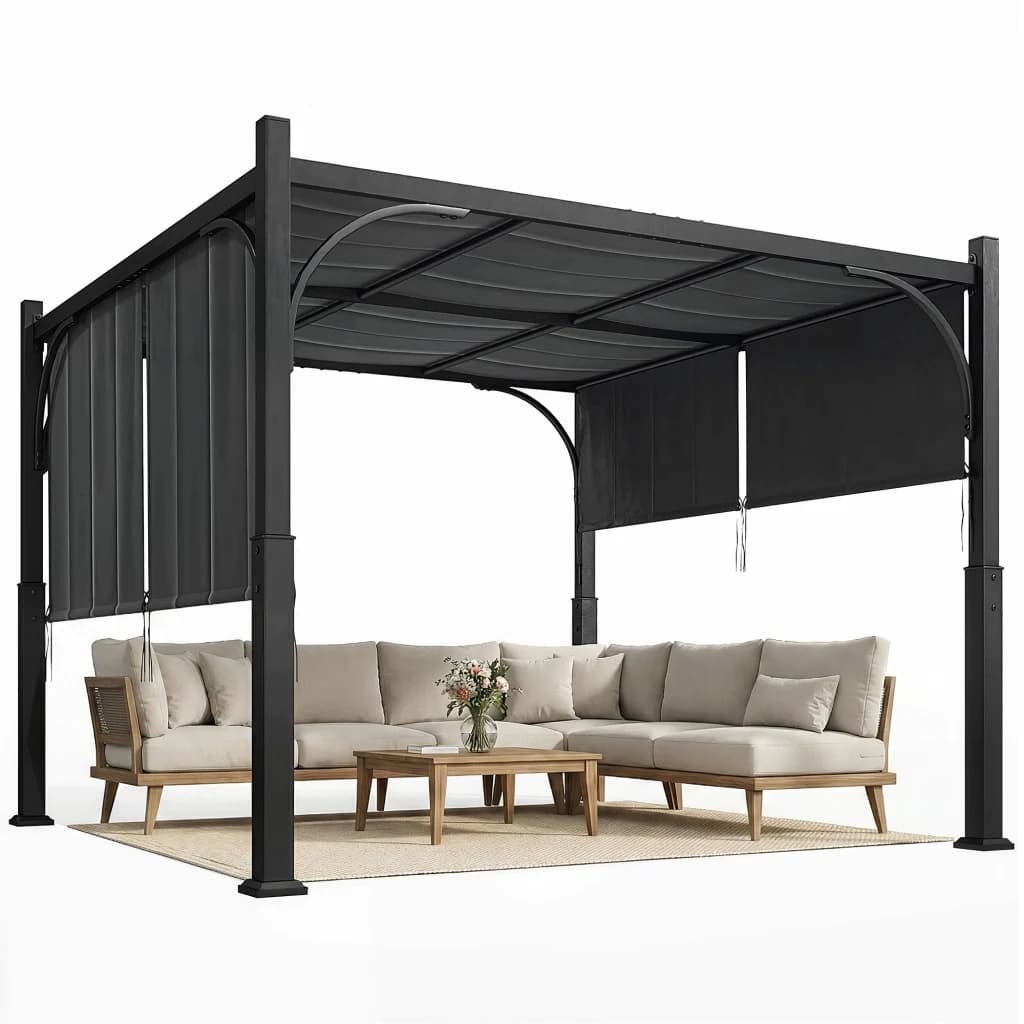 Pergola da giardino 3 x 3 m con telo scorrevole regolabile, struttura in metallo e acciaio resistente per esterni, grigio scuro