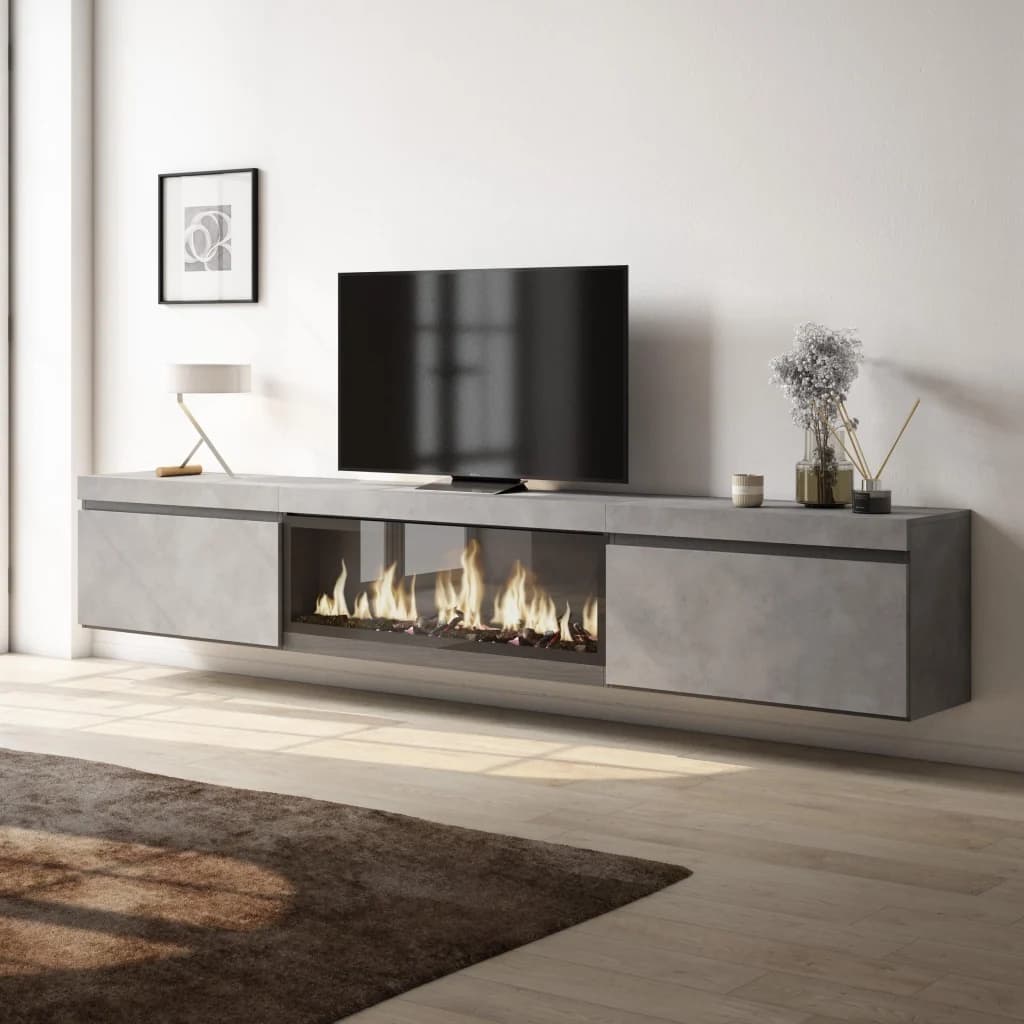 Mobile TV Soggiorno, 267x35x45cm, TV di grande formato, Camino elettrico XXL, da appendere, grigio cemento RF3606