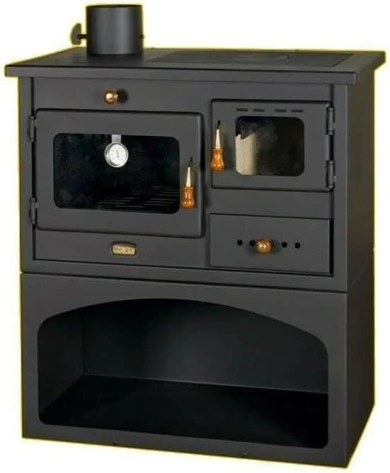 Stufa a legna con forno. Piastre in ghisa. Potenza termica 10kw. Modello Prity 1P 34 con canna fumaria a sinistra