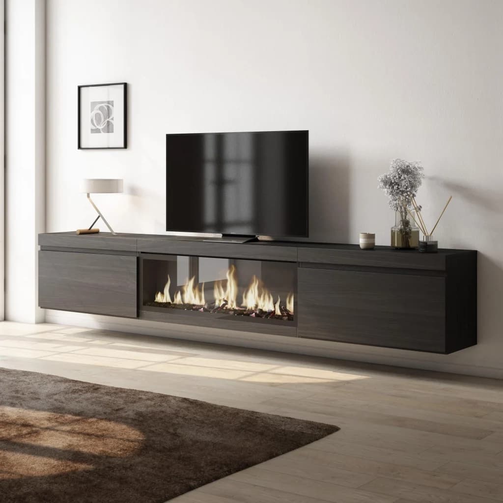 Mobile TV Soggiorno, 267x35x45cm, TV di grande formato, Camino elettrico XXL, da appendere, Nero RF3602